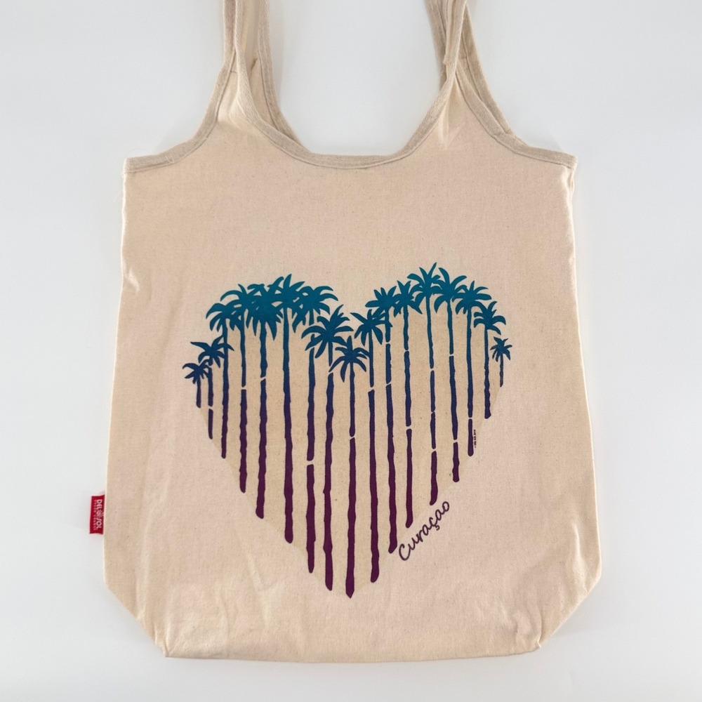 DEL SOL Curacao Color Changing Canvas Tote Bag Palm Tree Heart Tan Reusable Bag